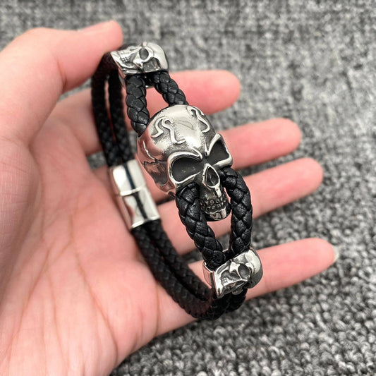 Triple Stainless Steel Skull Men's Leather Bracelet