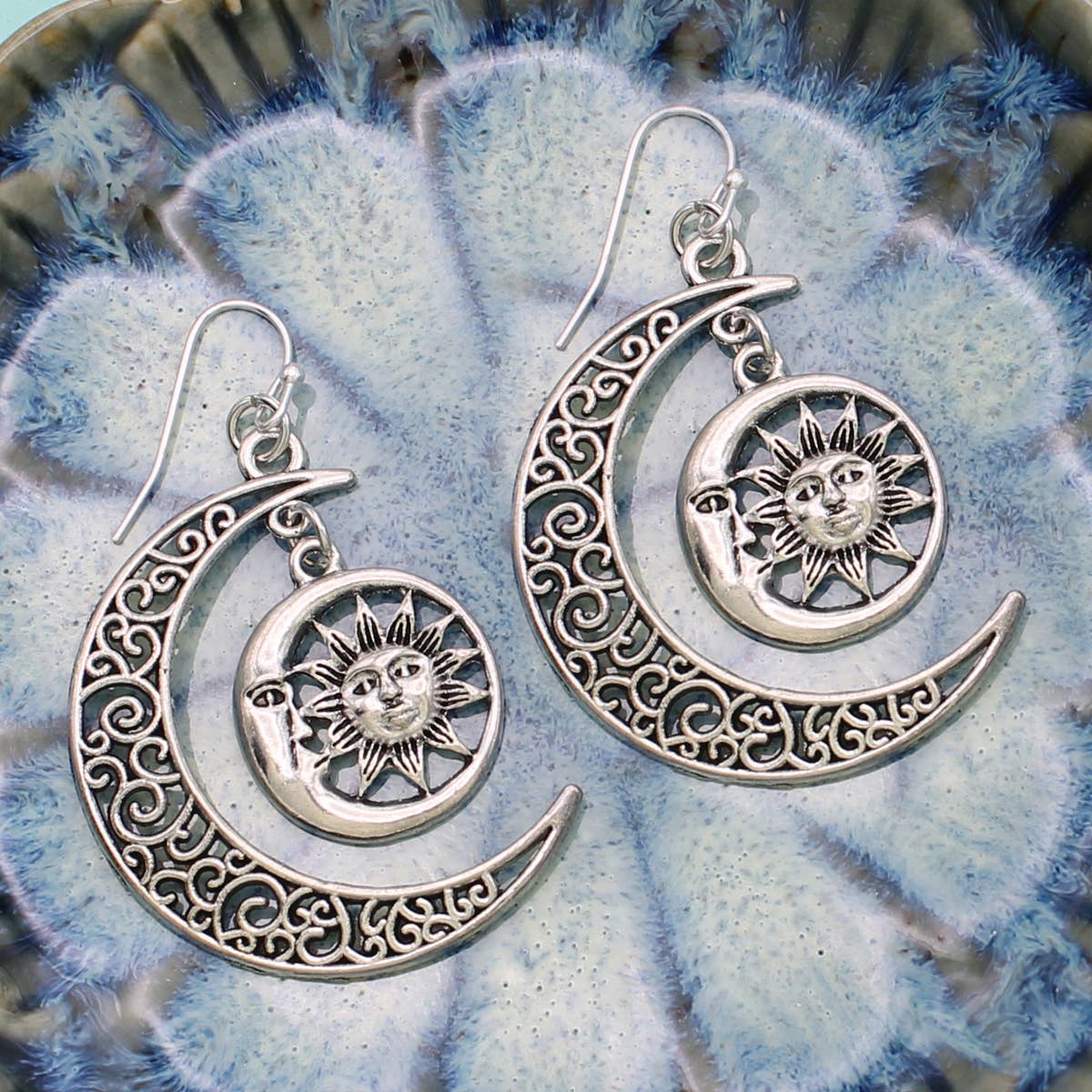 Celestial Silver Crescent Filigree Earrings