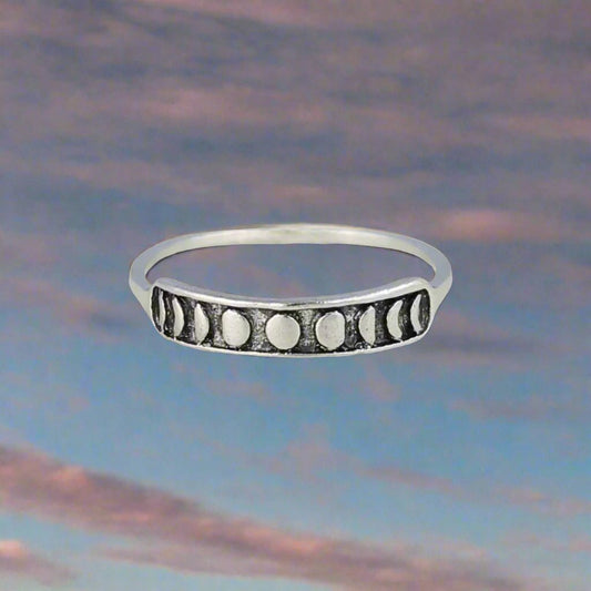 Silver Lunar Phase Moon Band Ring