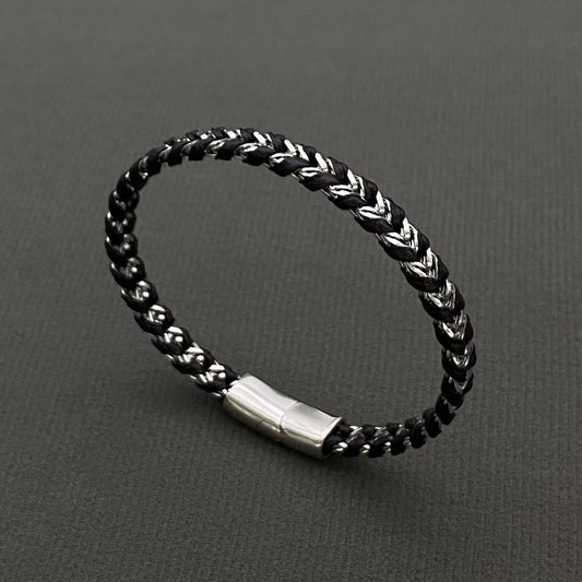 Men's Two Tone S.Steel Chain & Leather Woven Bracelet
