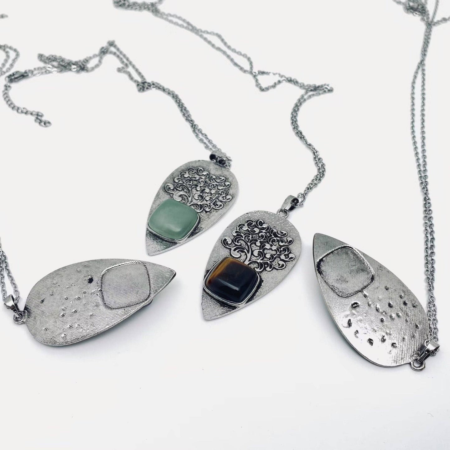 "Tree of Life" Drop-shaped Pendant Inlaid Stones Necklace