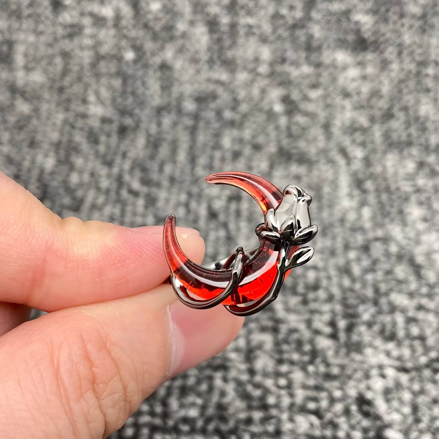 Gothic Gun-black Rose Wrapped Red Crescent Moon Ring