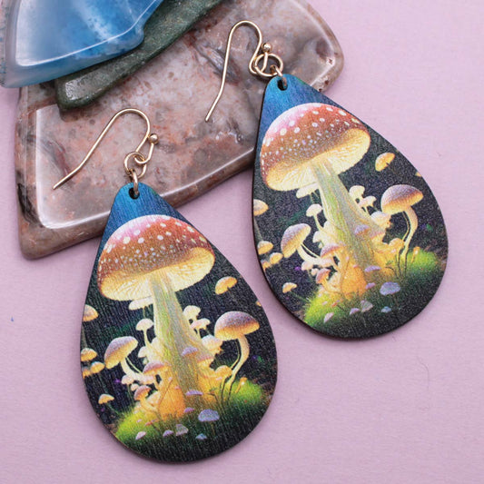 Night Magic Wood Mushroom Print Earring