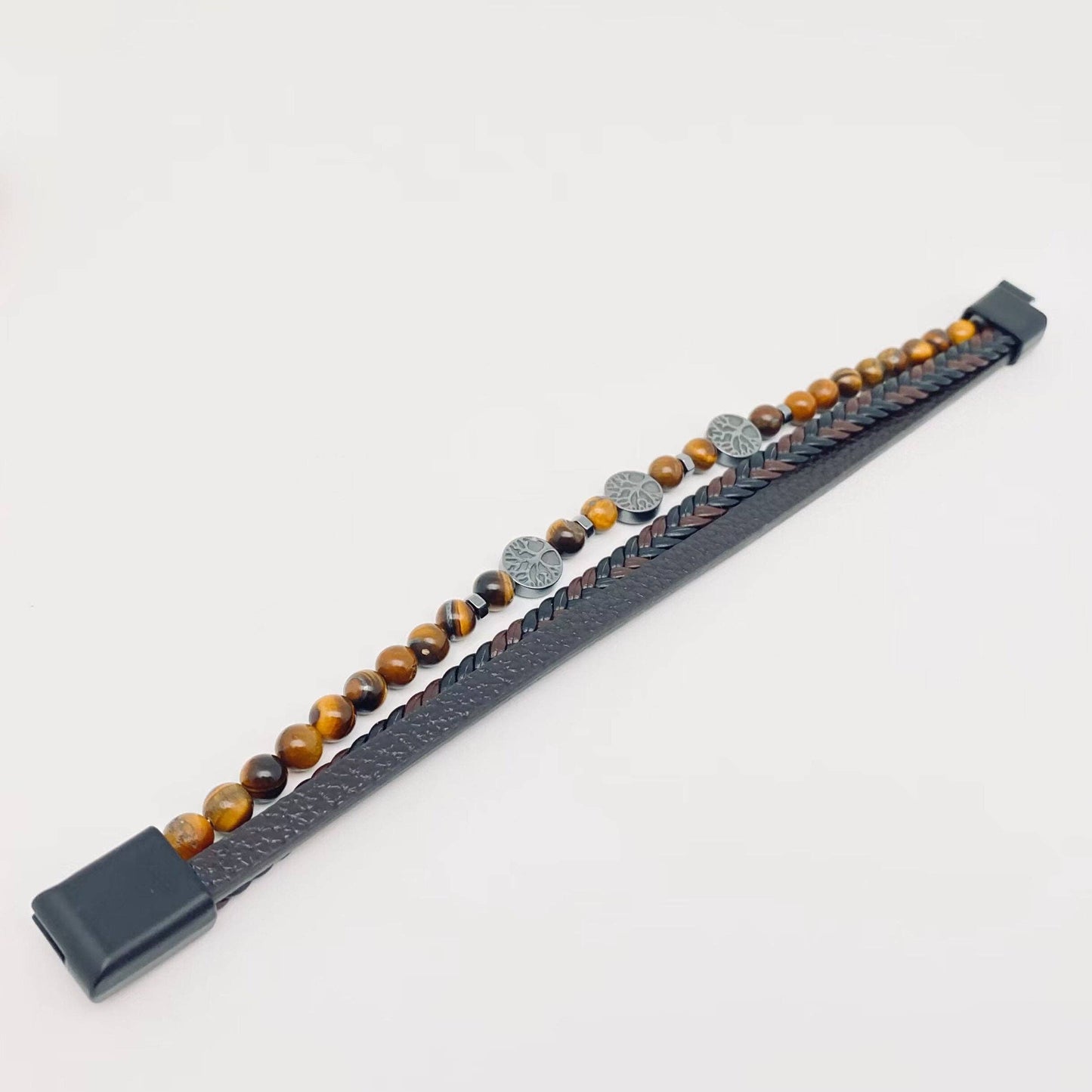 Tree of Life Tiger's Eye Beaded Man's Leather Bracelet