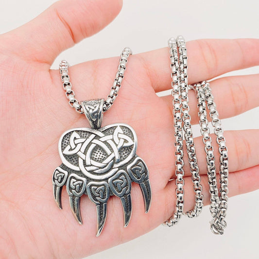 Stainless Steel Celtic Knot Bear Claw Charm Necklace