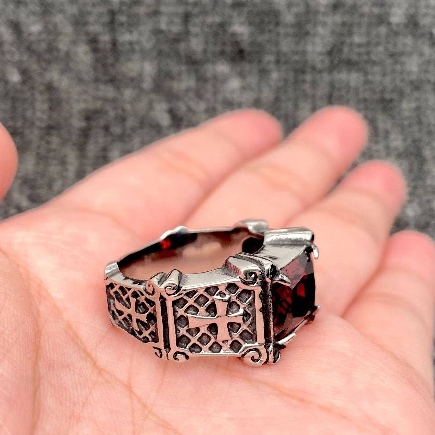 Red Gemstone Stainless Steel Cross Ring