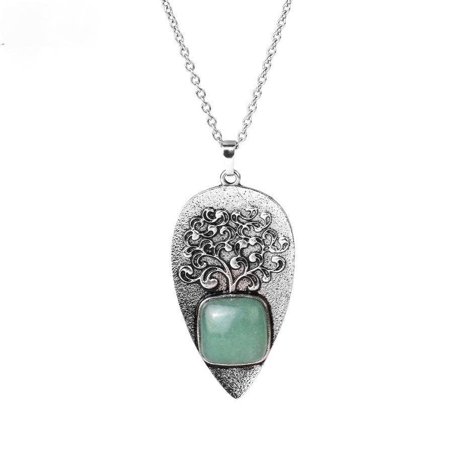 "Tree of Life" Drop-shaped Pendant Inlaid Stones Necklace