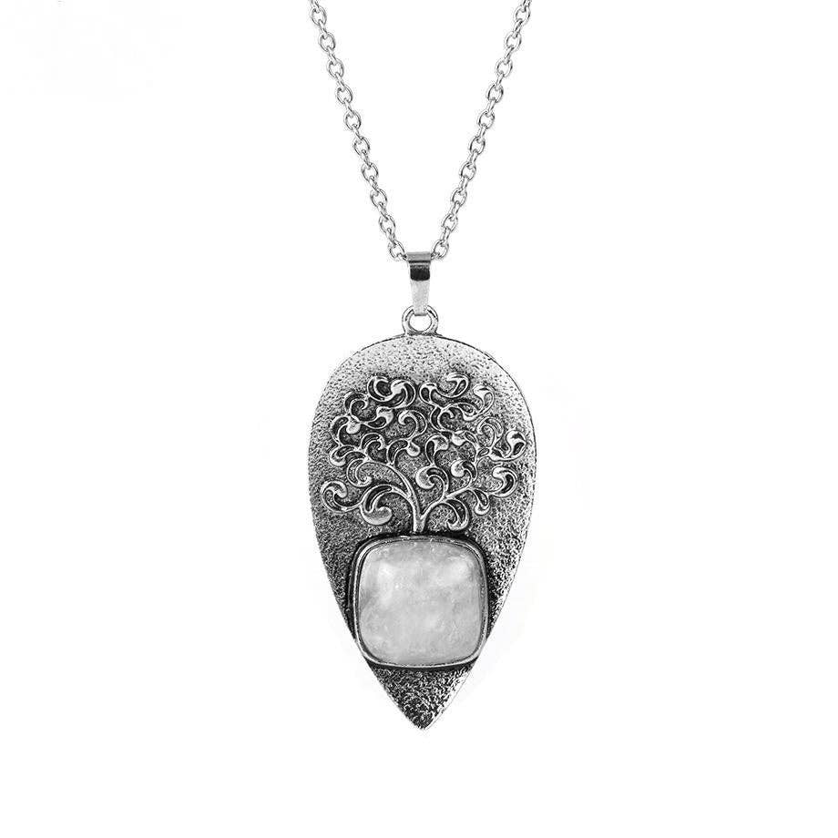 "Tree of Life" Drop-shaped Pendant Inlaid Stones Necklace