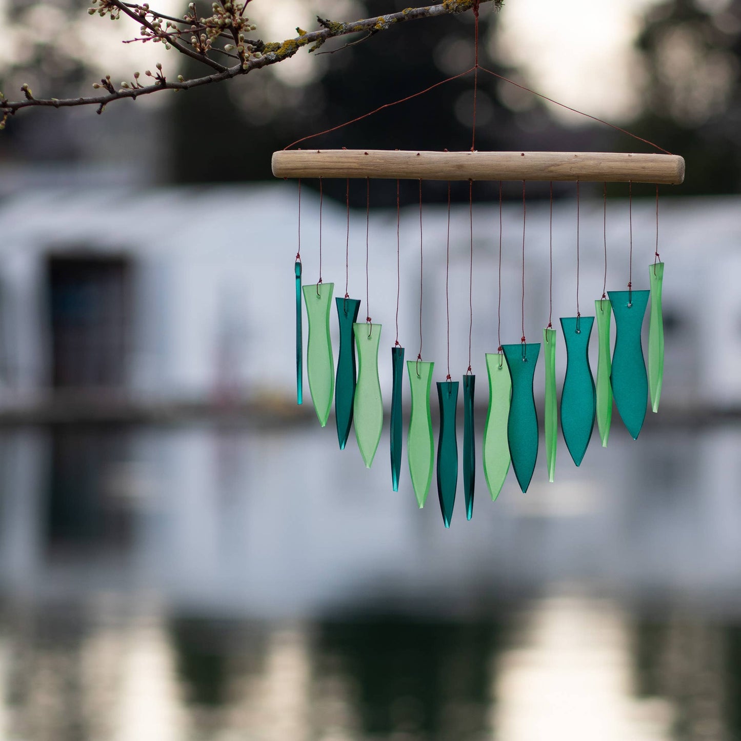 Teal and Green Fish Tumbled Glass Wind Chime