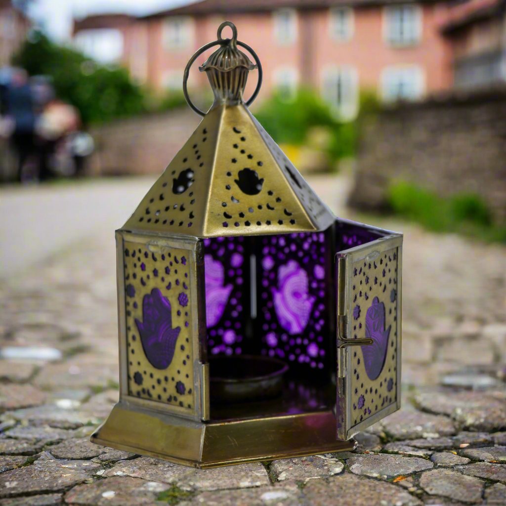 Lantern, Iron and Purple Glass, Hamsa Hand Design