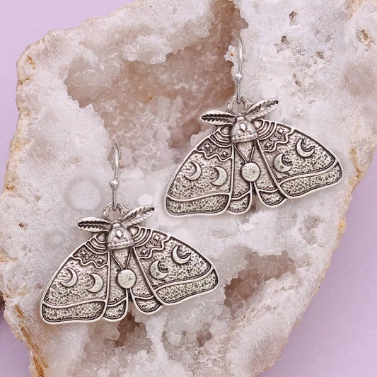 Moon Rise Luna Moth Silver Earrings