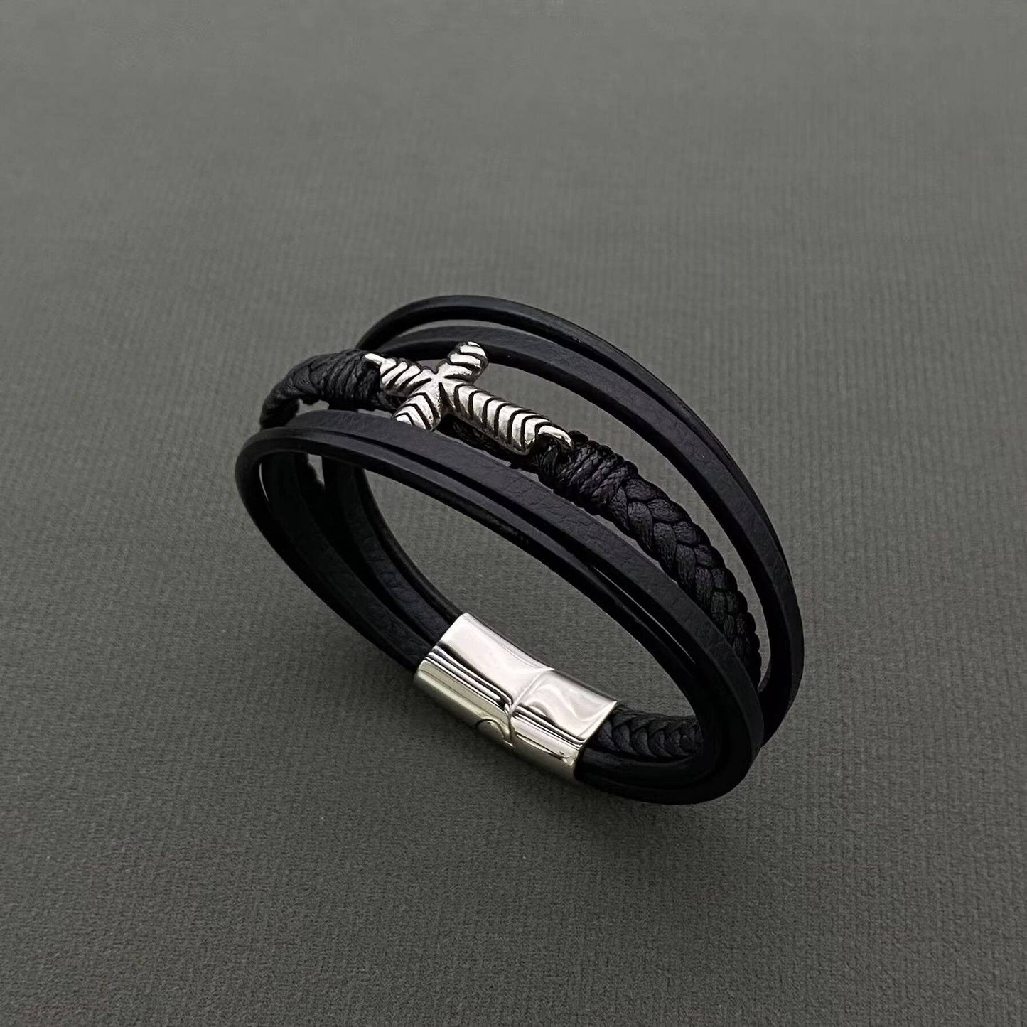 Men's S.Steel Cross Charm Multilayer Leather Bracelet