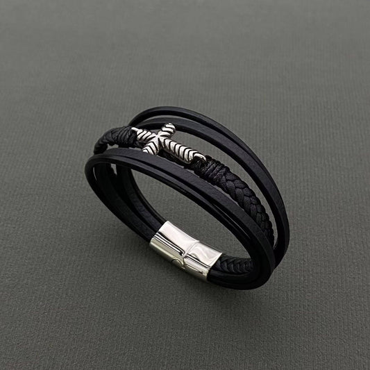 Men's S.Steel Cross Charm Multilayer Leather Bracelet