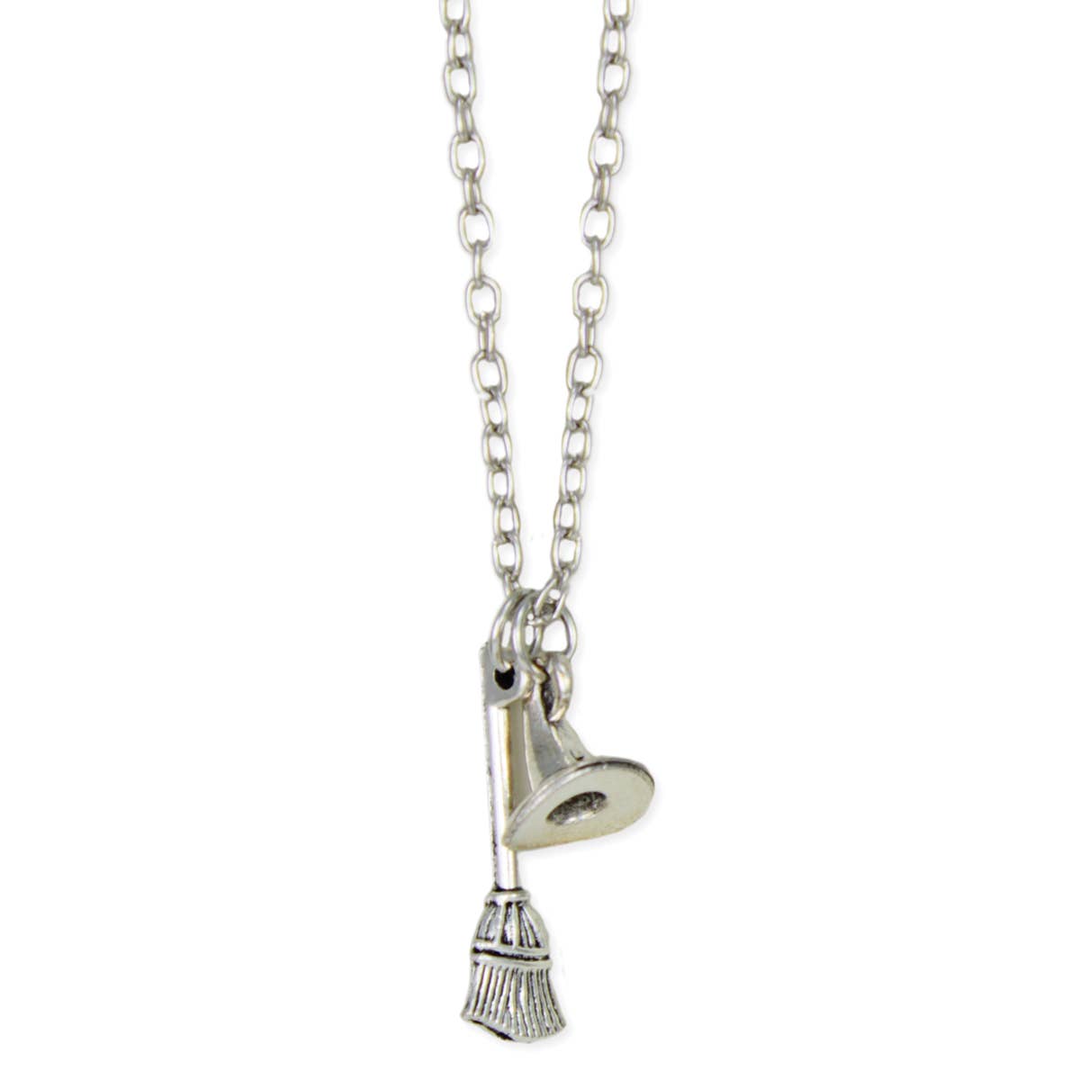 Basic Witch Silver Hat Broom Charm Necklace