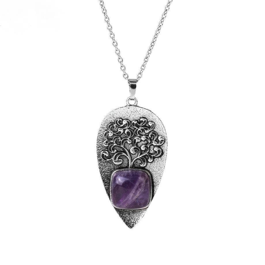 "Tree of Life" Drop-shaped Pendant Inlaid Stones Necklace