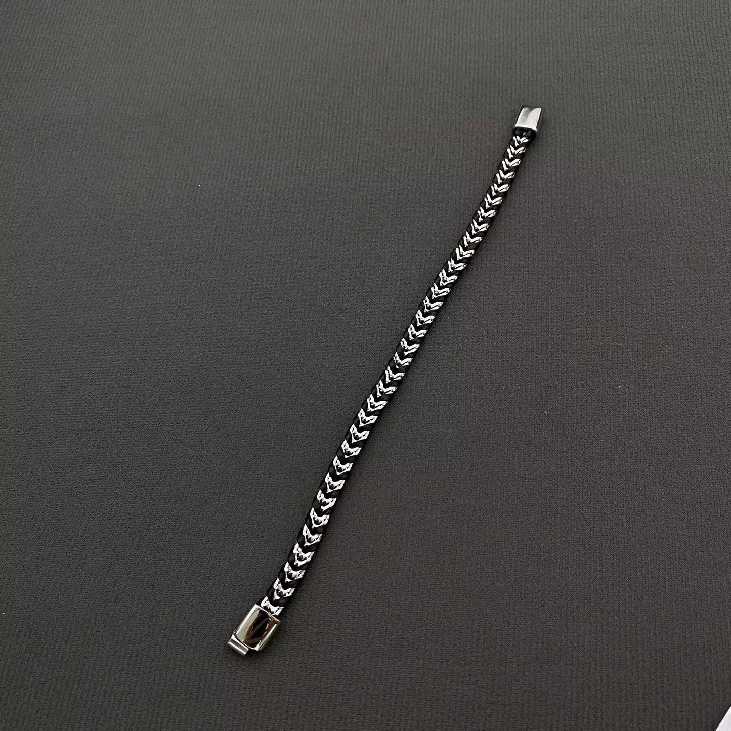 Men's Two Tone S.Steel Chain & Leather Woven Bracelet
