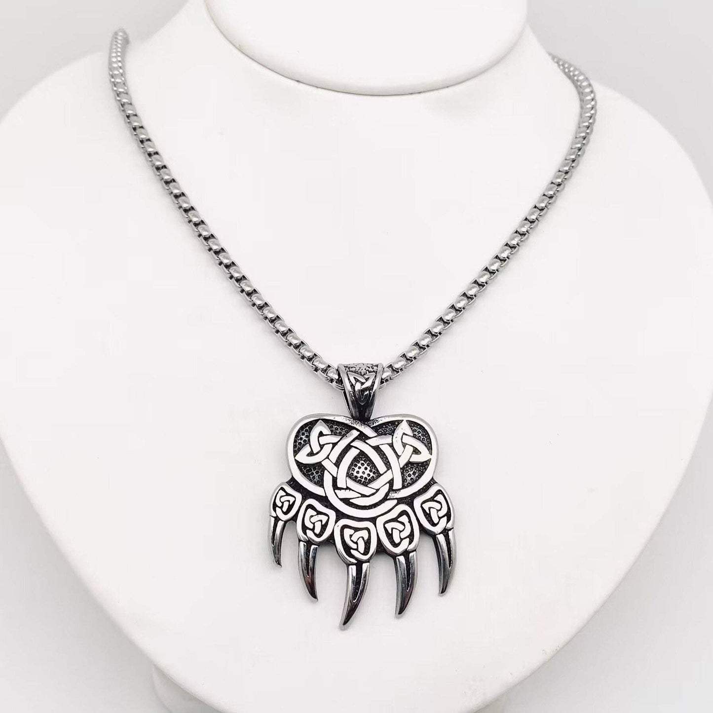 Stainless Steel Celtic Knot Bear Claw Charm Necklace