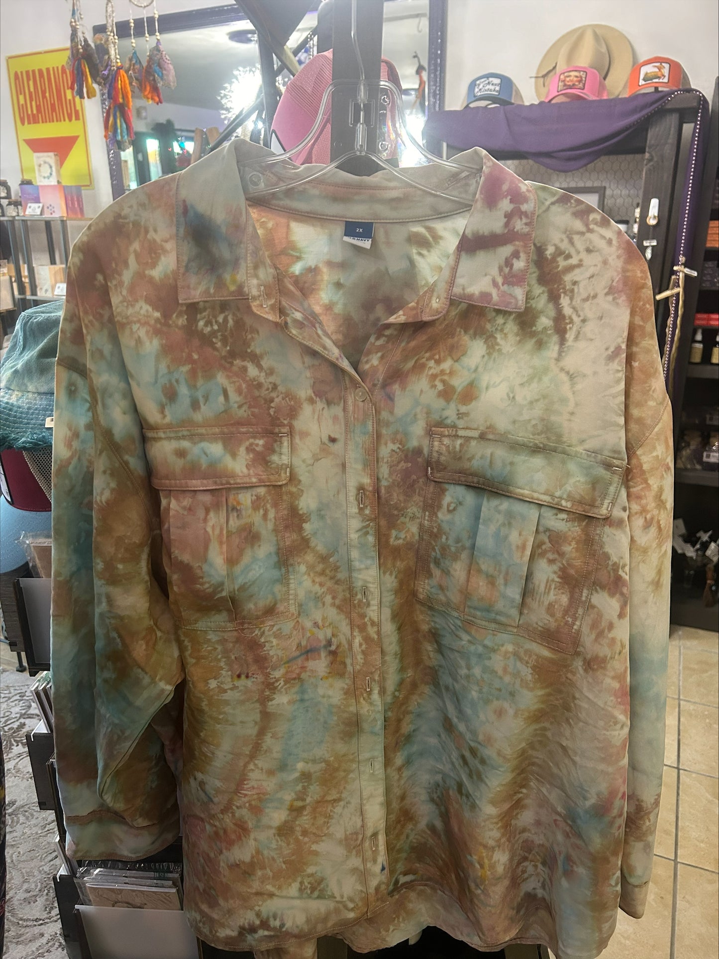 Tie Dye Long-Sleeved Button Up Blouse-Size 2X