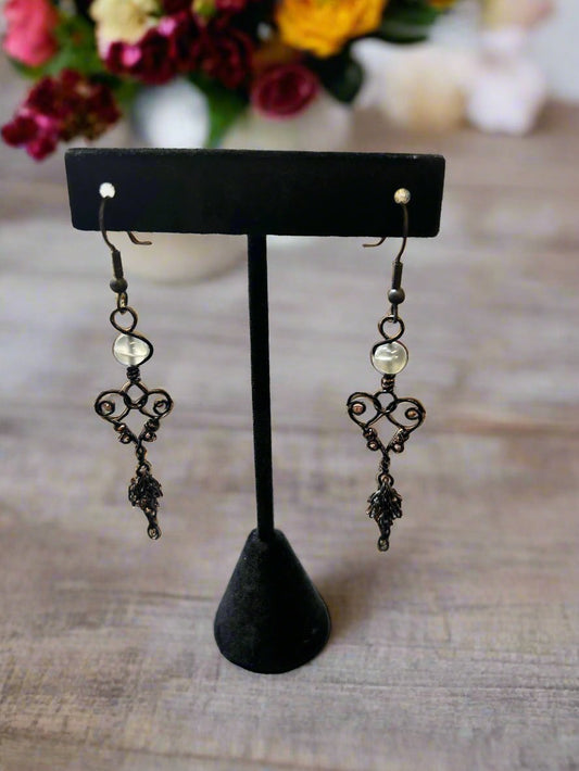 Earrings-Black Colored Copper Wire with Black Moonstone Accent Beads