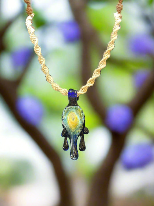 Handblown Glass Blue Drip Pendant on Woven White Hemp Cord