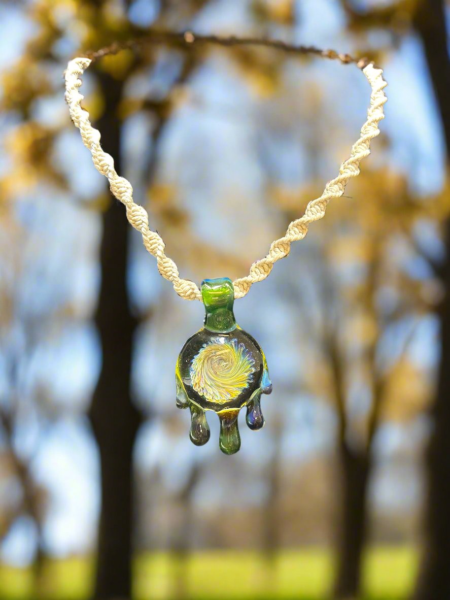 Handblown Green Glass Pendant on Woven White Hemp Cord