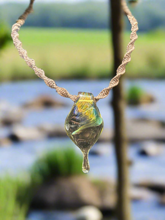 Handblown Glass Drip Pendant with Woven Brown Hemp Cord