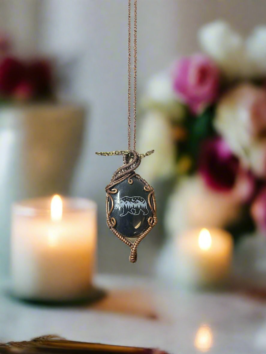 Black Onyx with Etched Bear Pendant-Copper Chain