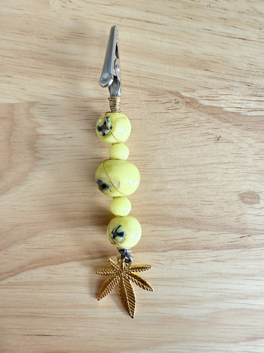 Handmade Smoking Clip-Yellow/Gold Flake Accent Beads with Gold Cannabis Charm