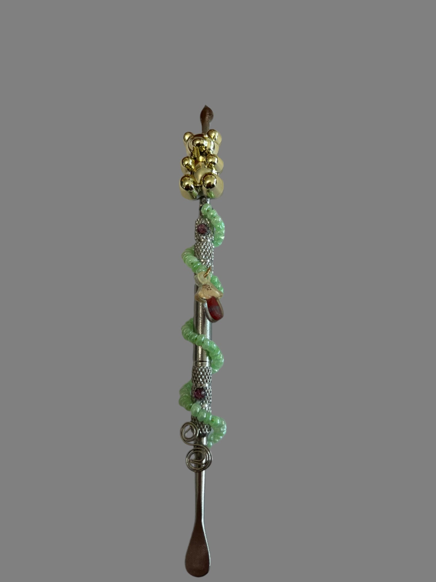 Hand Beaded Silver Dabber-Gold Gummi Bear Accent and Mushroom Charm