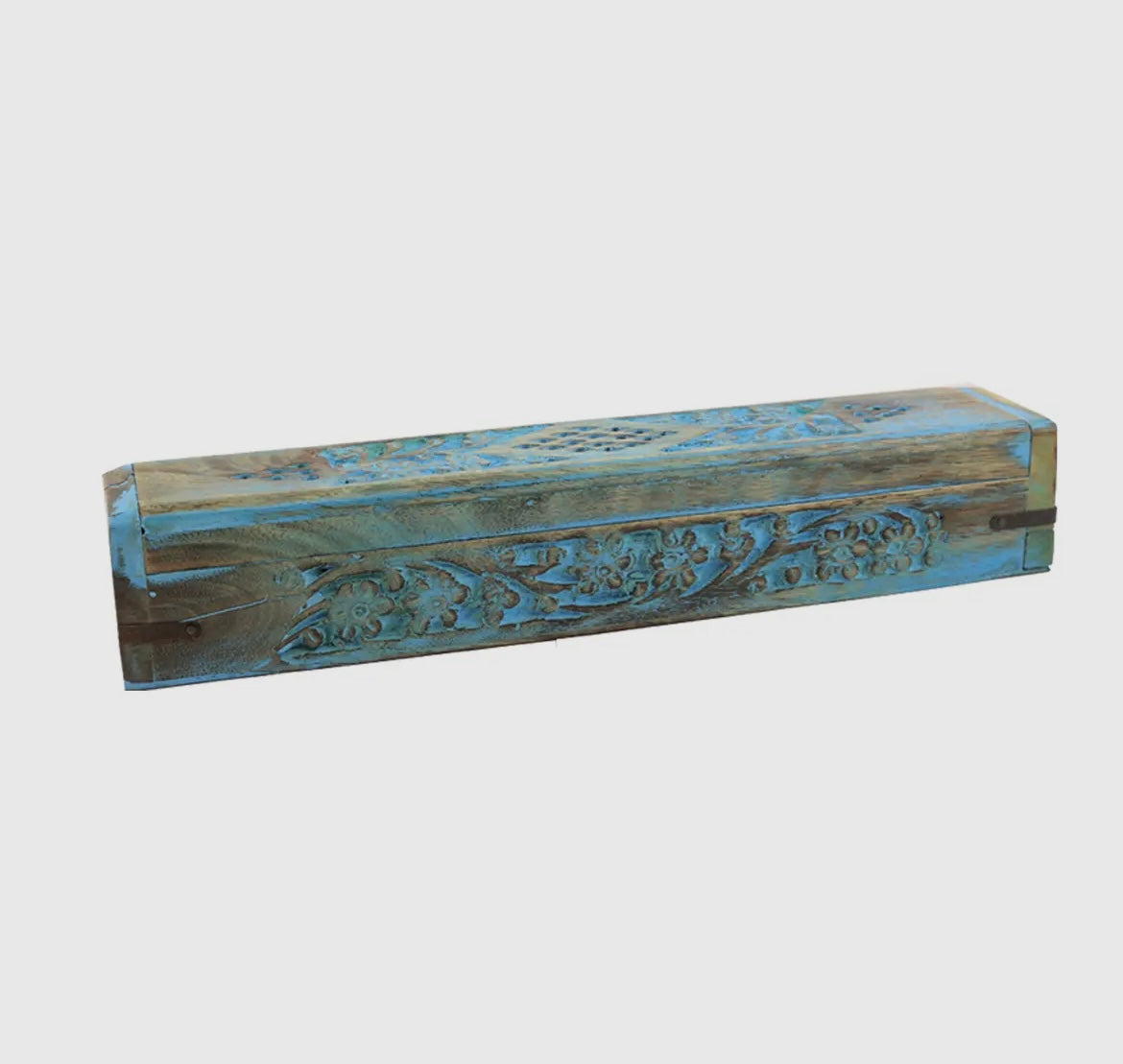 Hand Carved Wooden Incense Burner Box-Blue Floral