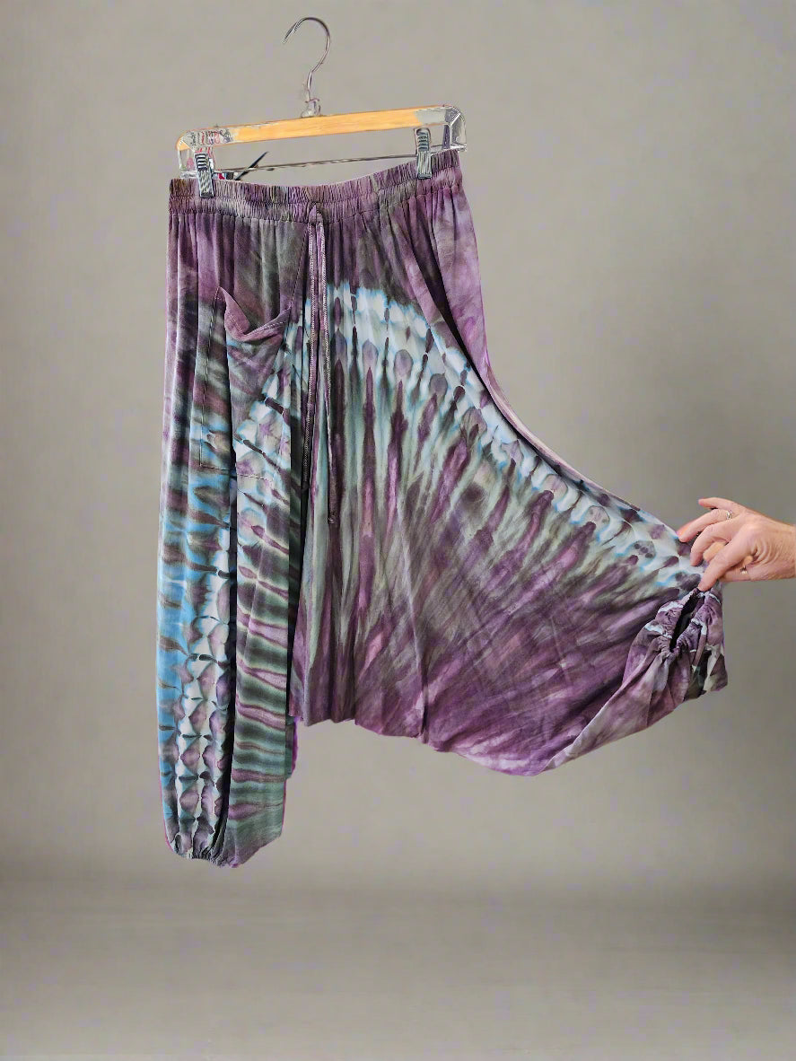 Tie Dye Harem Pants-Purple, Blue and Green