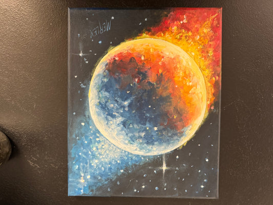 Unframed Blue And Red Cosmic Planet Painting