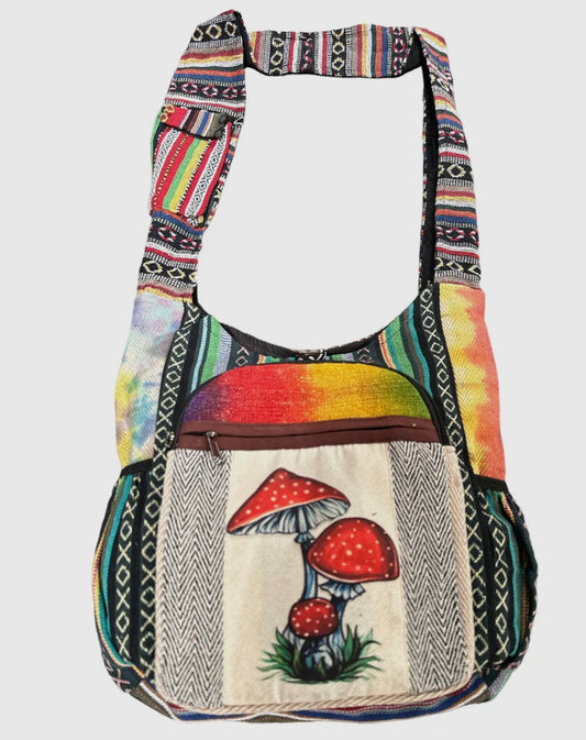 Cotton Hemp Cherry Mushroom Zip Side Pocket Bag