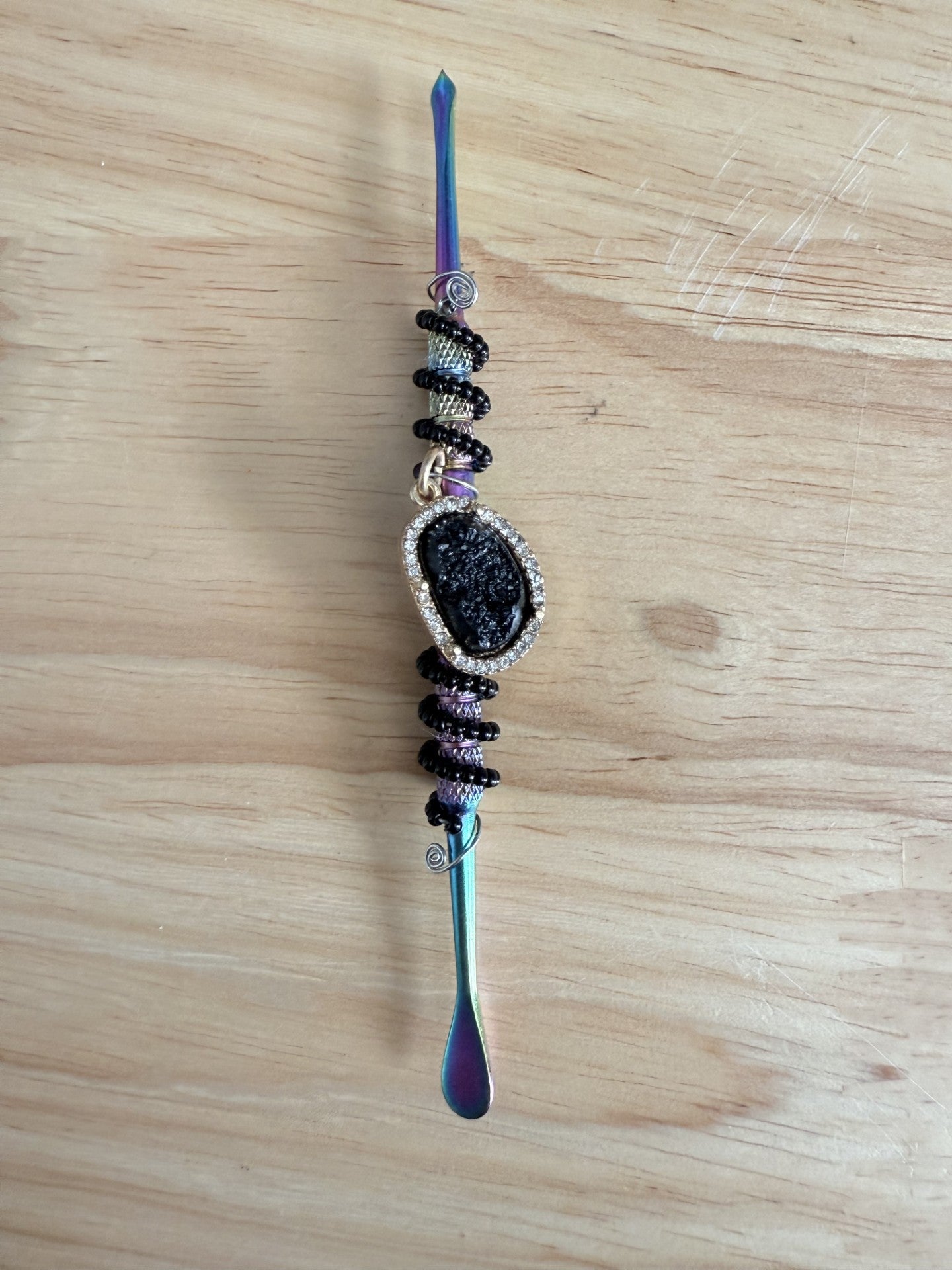 Hand Beaded Iridescent Dabber-With Druzy Black Stone Charm