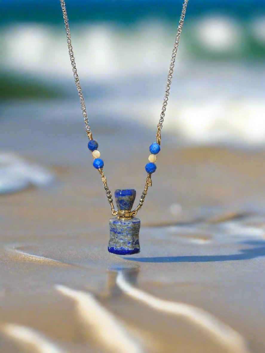 Lapis Lazuli Bottle Pendant-Mother of Pearl and Lapis Beads-Bronze Chain