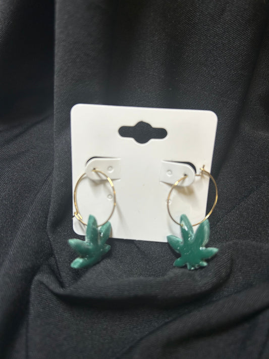 Large Dark Green Pot Leaf Earrings on Gold Tone Hoops