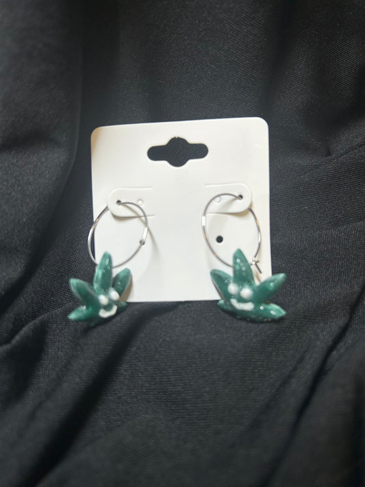 Small Dark Green Pot Leaf Earrings with Face on Silver Tone Hoops