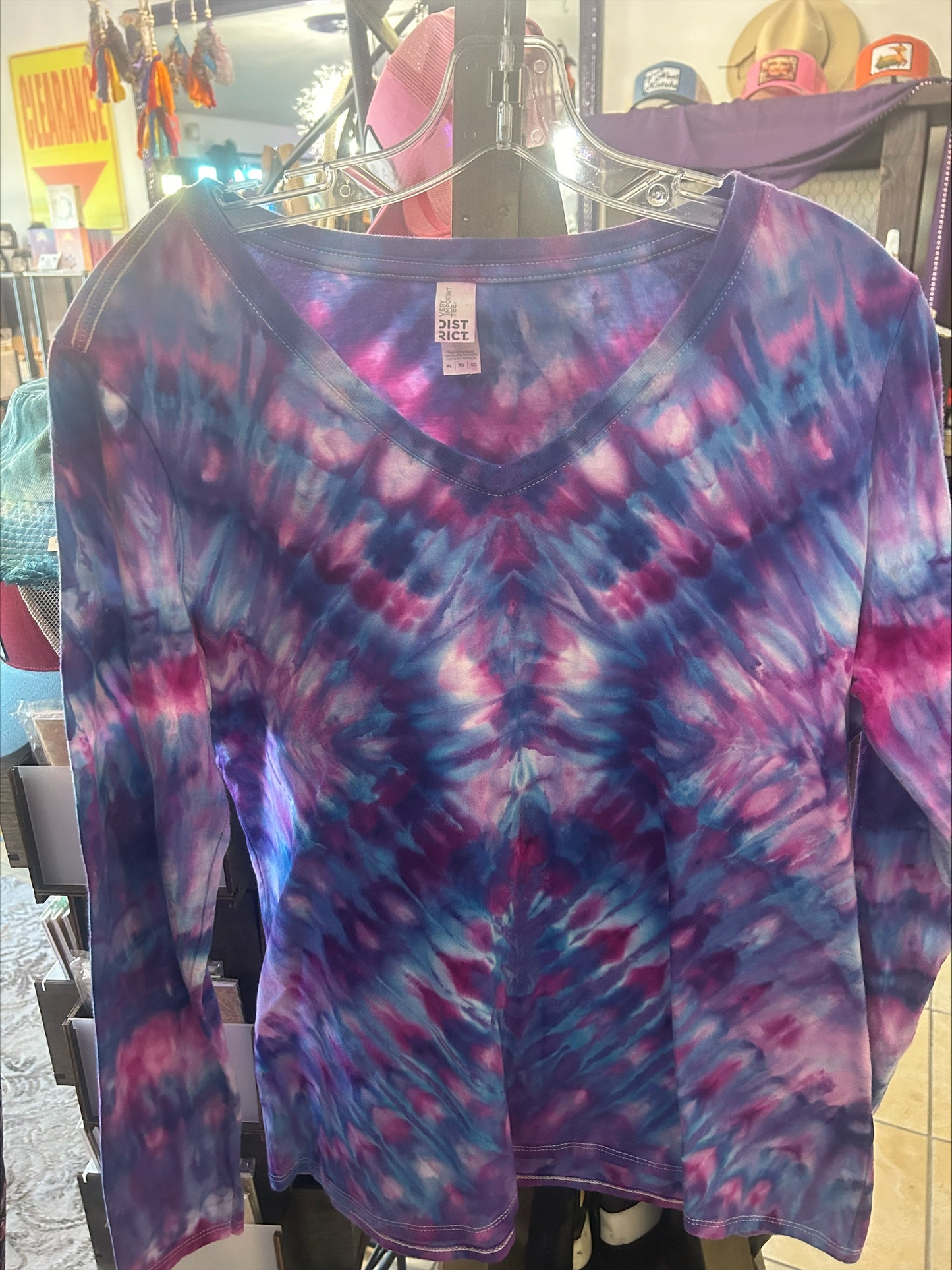 Tie Dye V-Neck Long-Sleeved T-Shirt-Size X-Large