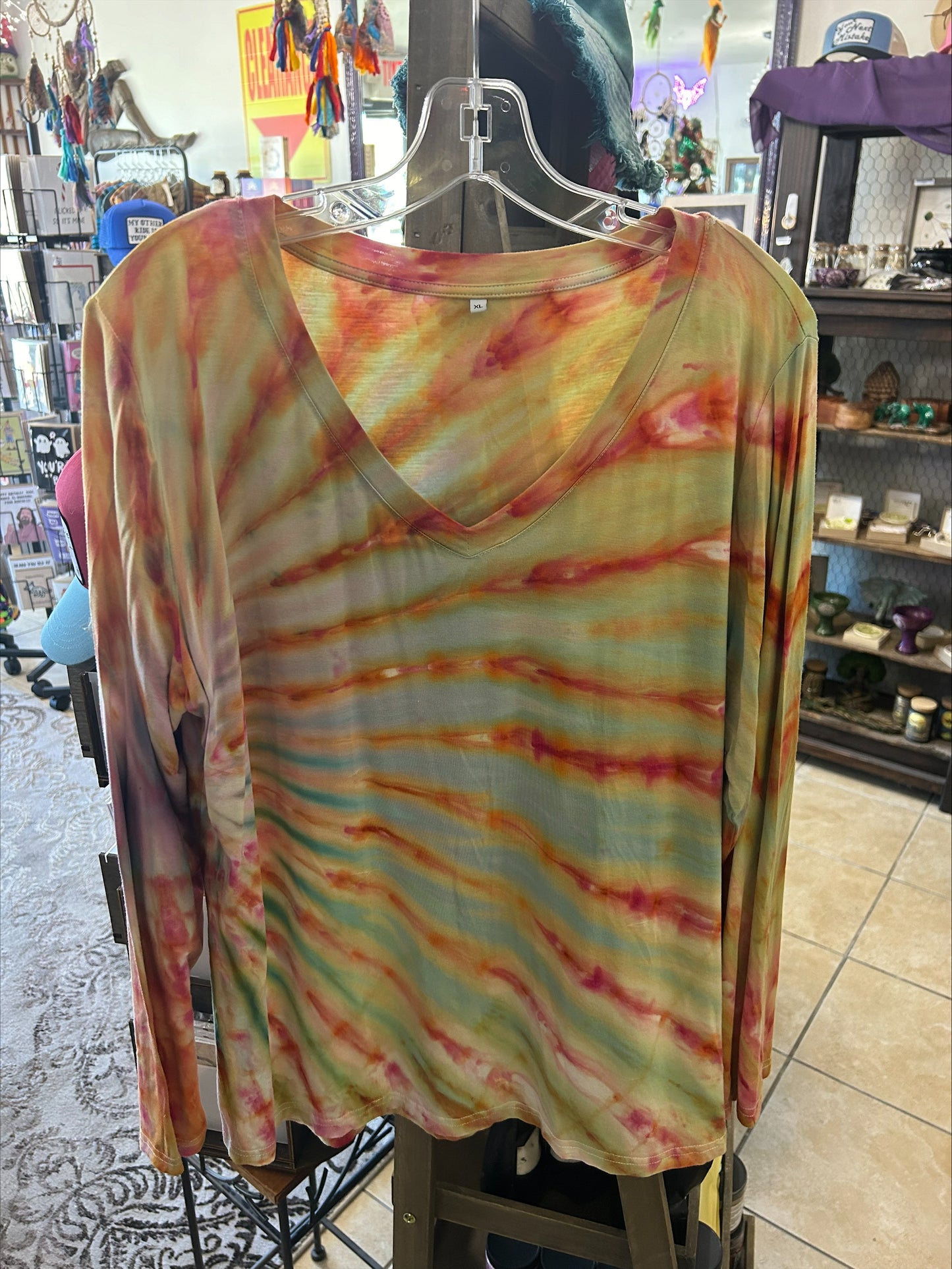 Tie Dye V-Neck Long-Sleeved T-Shirt-Size X-Large