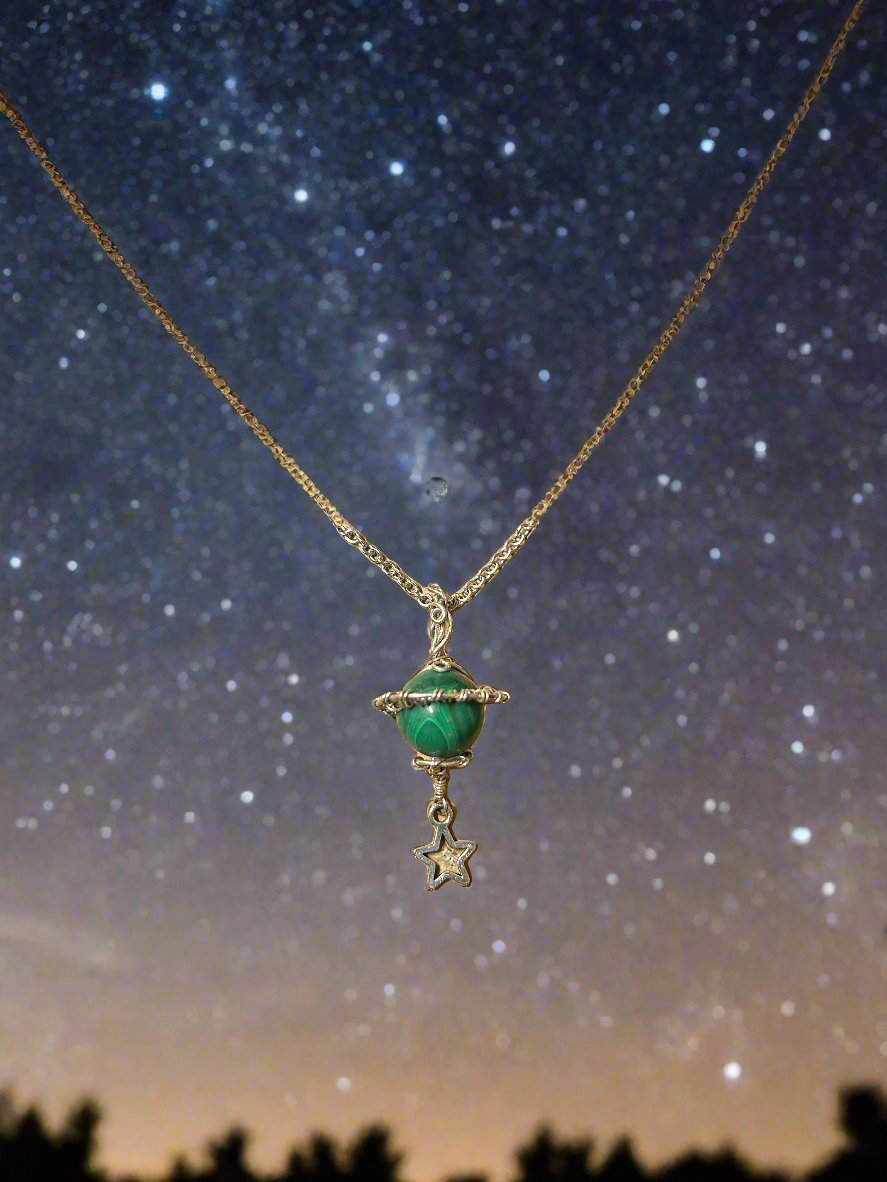 Malachite Sphere Saturn Pendant-.925 Silver findings and steel chain