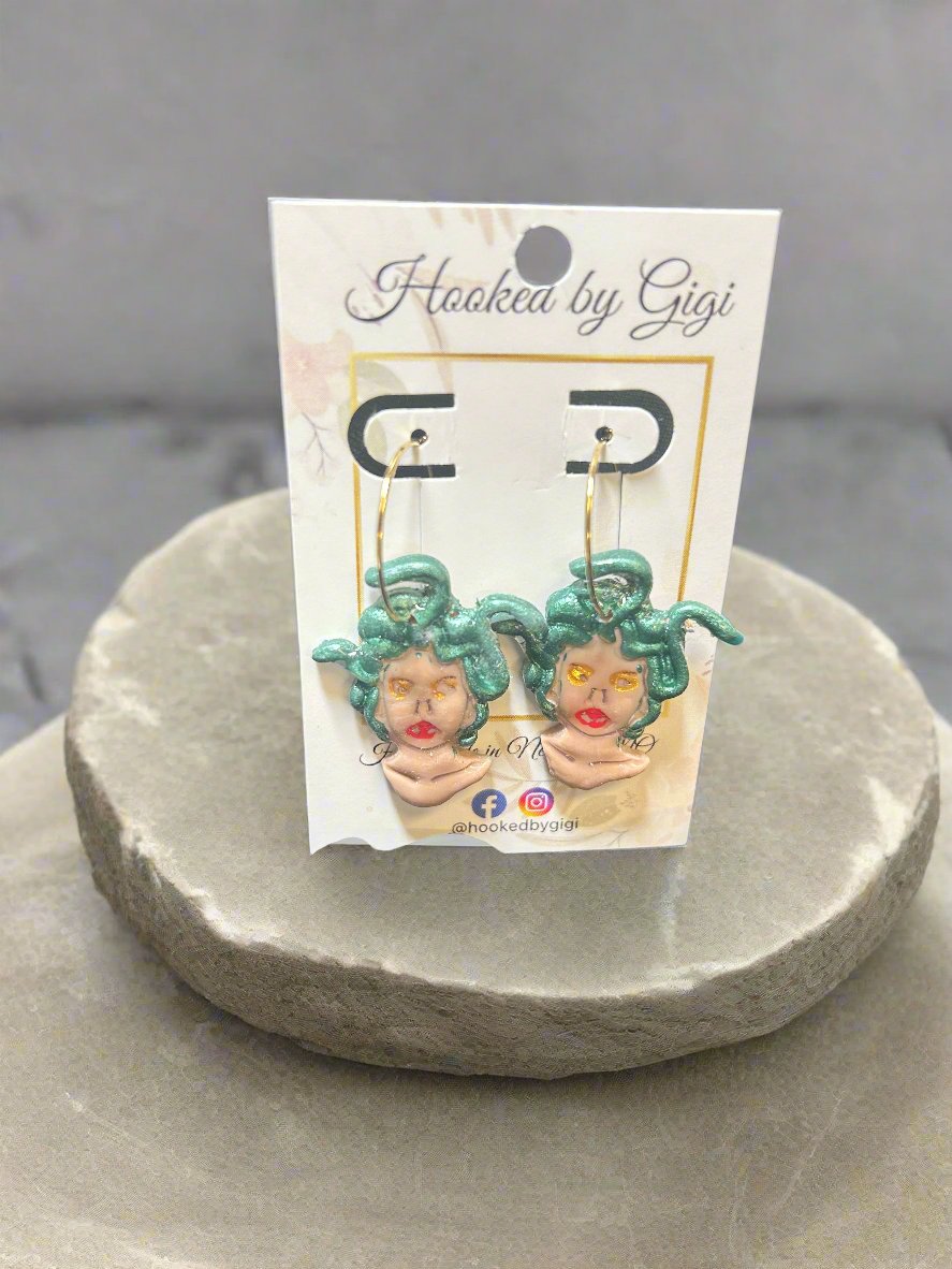 Handmade Clay Medusa Earrings on Gold Tone Hoops