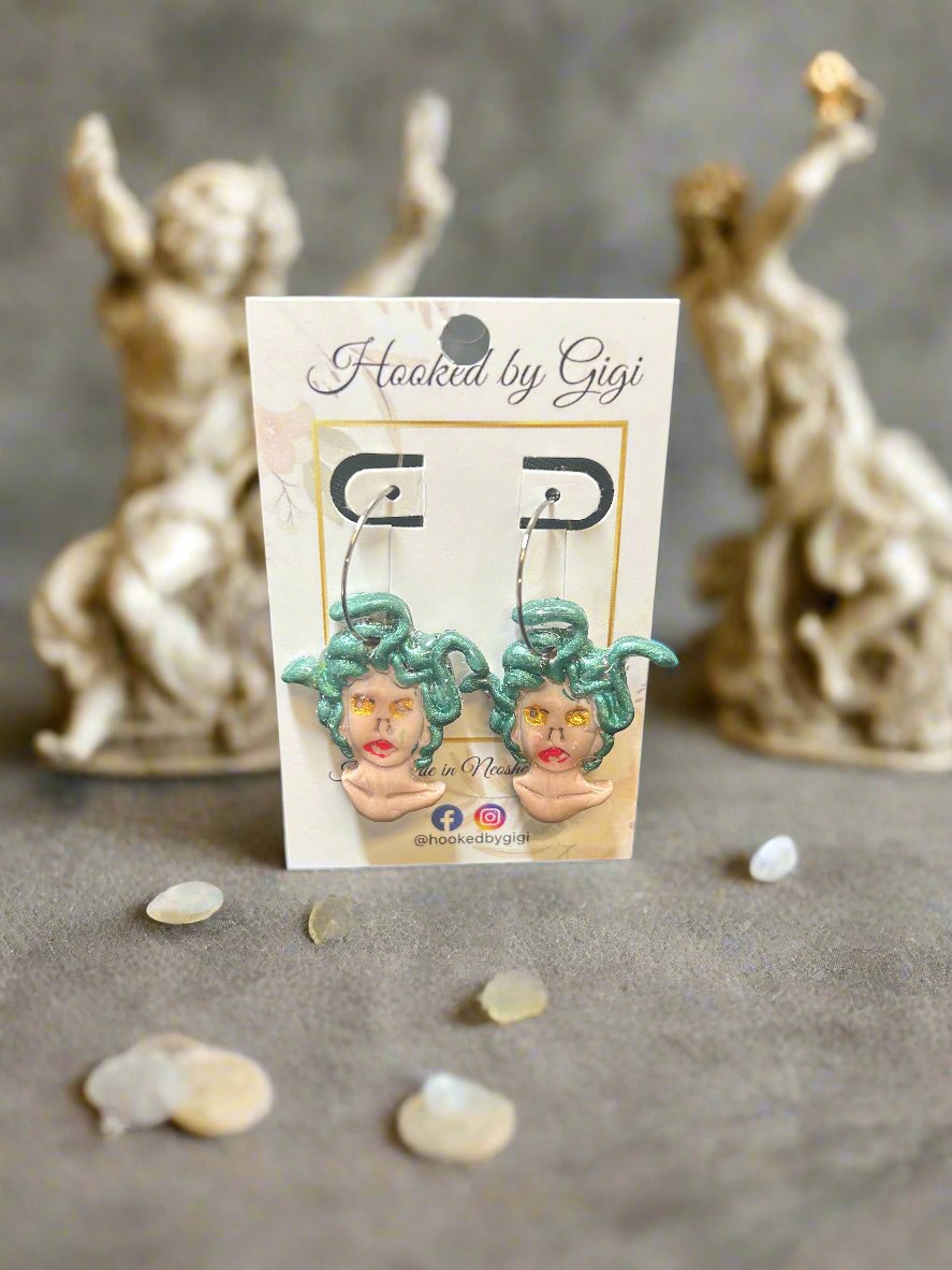 Handmade Clay Medusa Earrings on Silver Tone Hoops