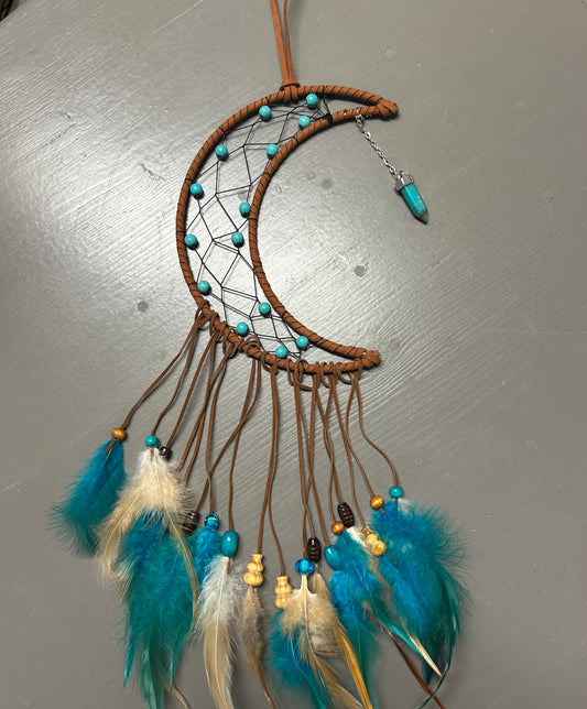 Small Dream Catcher Featuring a Half Moon Design and Turquoise Colored Beads