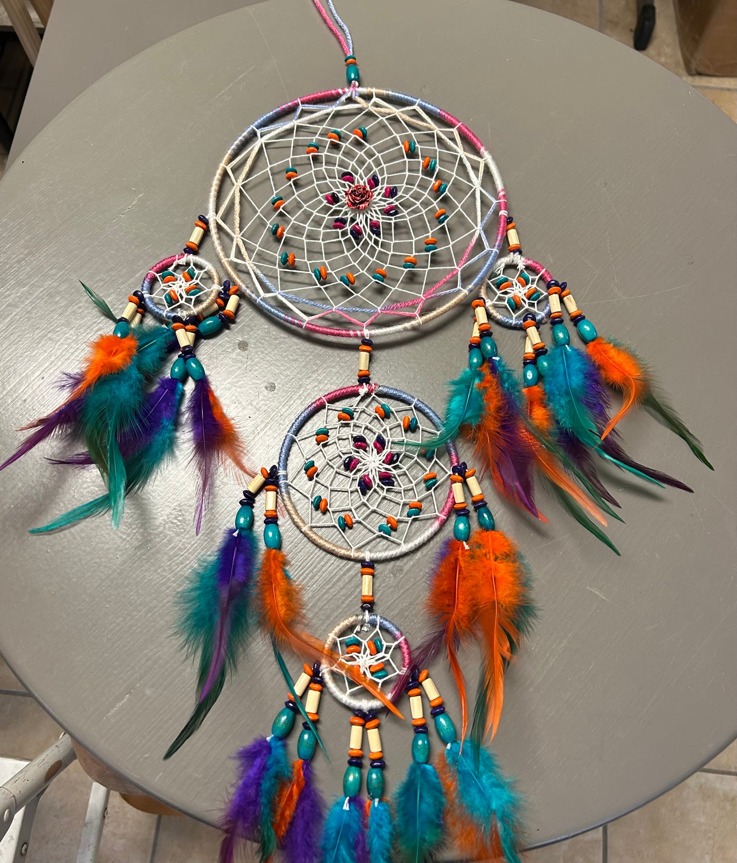 Large Dream Catcher Featuring 5 Circles and Purple/Orange/Turquoise Feathers