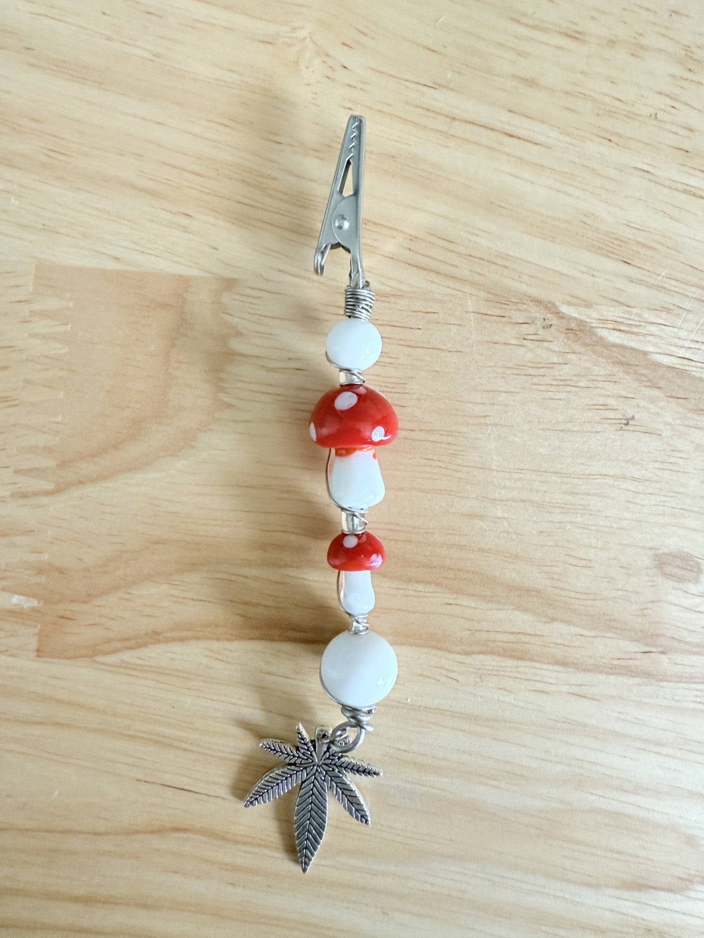 Handmade Smoking Clip-White Accent Beads with Red and White Mushrooms and Cannabis Leaf Charm