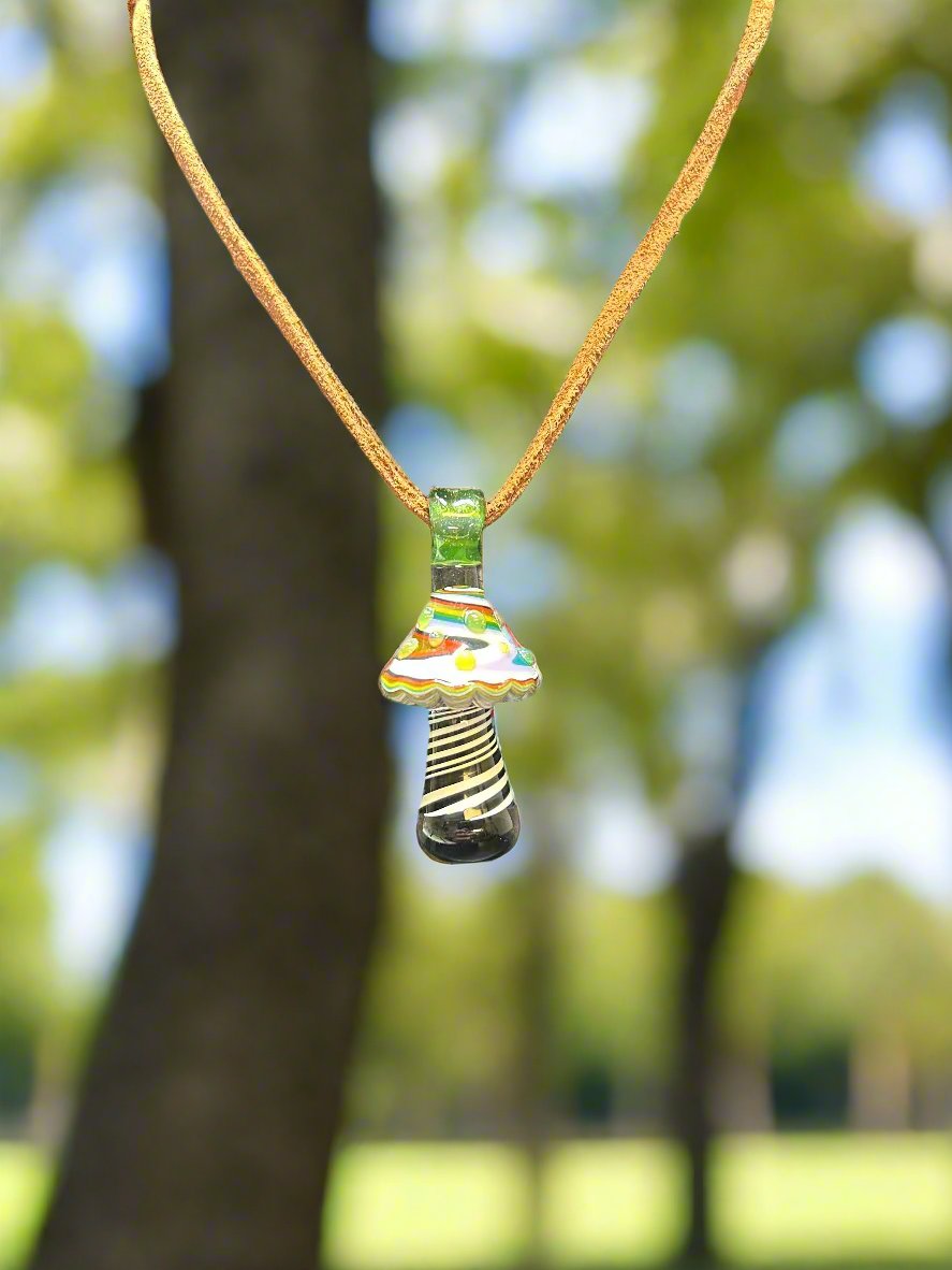 Handblown Glass Mushroom Pendant on Brown Leather Cord