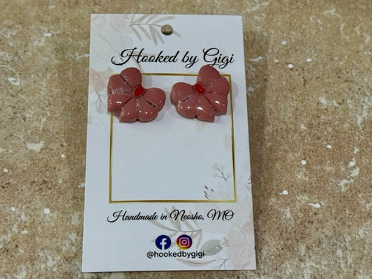 Handmade Clay Pink Bow Stud Earrings