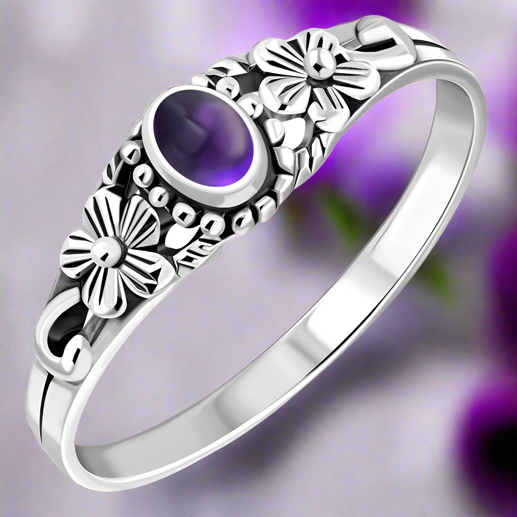 Amethyst, Flowers Sterling Silver Ring