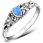 Synthetic Azure Blue Opal Flowers Sterling Silver Ring