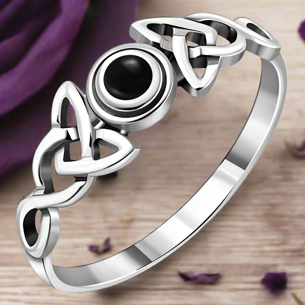 Black Onyx, Celtic Trinity Sterling Silver Ring